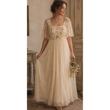 ADRIANNA PAPELL Sandshell Ivory Beaded Mesh Tulle Gown Dress Romantic Fairy 10