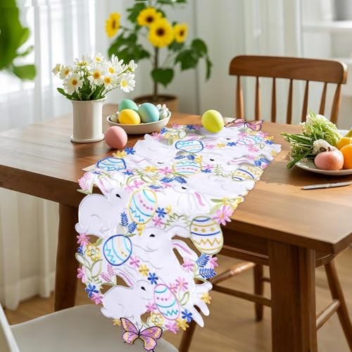 Rbenxia Easter Table Runner Easter Bunny Spring Bunnies Eggs Flowery Table - Picture 3 of 7