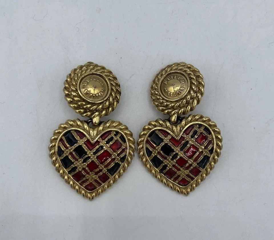 BUTLER & WILSON Tartan Heart Shape Drop 80’s Clip On Earrings — 第 2/4 张图片