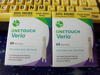 120 ONE TOUCH VERIO TEST STRIPS, 2 X 60, EXP 11 & 12-26, GOOD SEALED BOXES