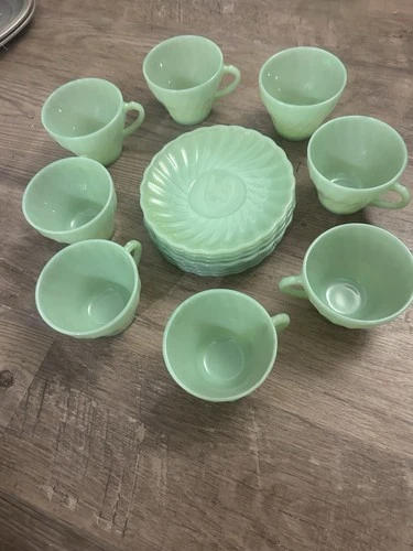 Anchor Hocking Fire King Jadeite Green Swirl Shell Cup Saucer Set  Avail