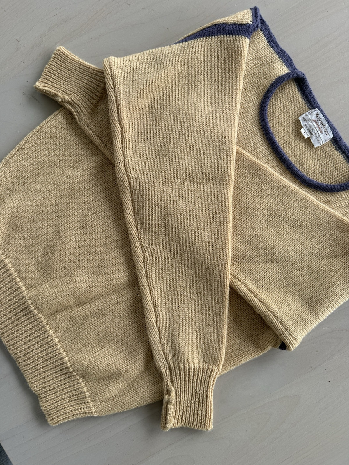 Maglione girocollo vintage Yves Saint Laurent donna 100% lana marrone e viola L