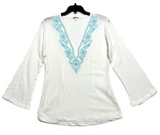 Women  s Embroidered Swim Cover Up Miken Swim Small White Blue Long Sleeves Top