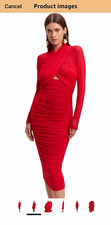 Red Women’s Bodycon Ruched Midi Dress L High Neck Long Sleeve