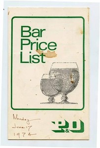P&O Bar Price List Union Jack Bar 1960's