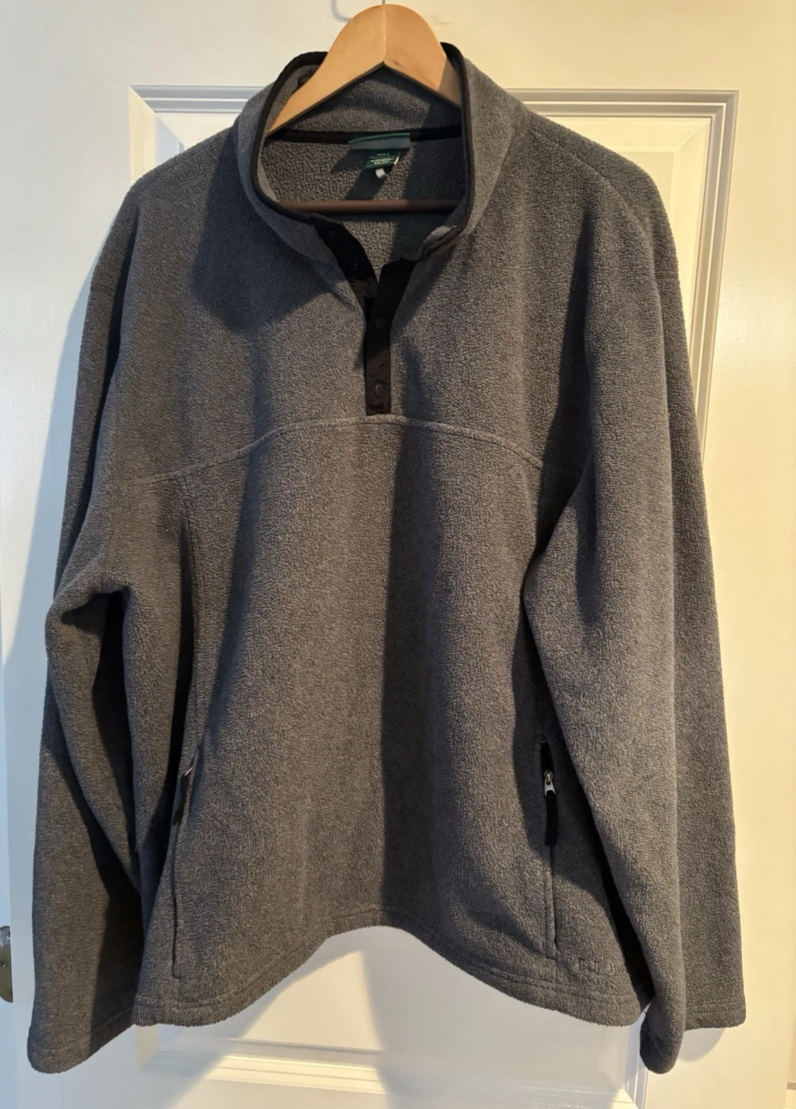L.L. Bean Mens XXL Fleece Pullover Gray Snap Button Collar Zip Pockets