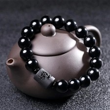 Natural Black Obsidian Carved Buddha Lucky Amulet Round Beads Strand Bracelet fo