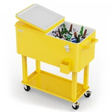 80QT Rolling Ice Chest Cooler Cart, Party Drink Beverage Bar Trolley & Wheel