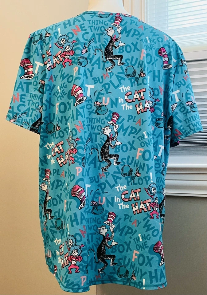 Dr Seuss Cat in the Hat Thing 1 & Thing 2 V-Neck Scrub Top XL Pre-owned VG - Image 4 of 4