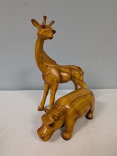 2x African Folk Art Hand Carved Wooden Animals - Giraffe and Hippopotamus
