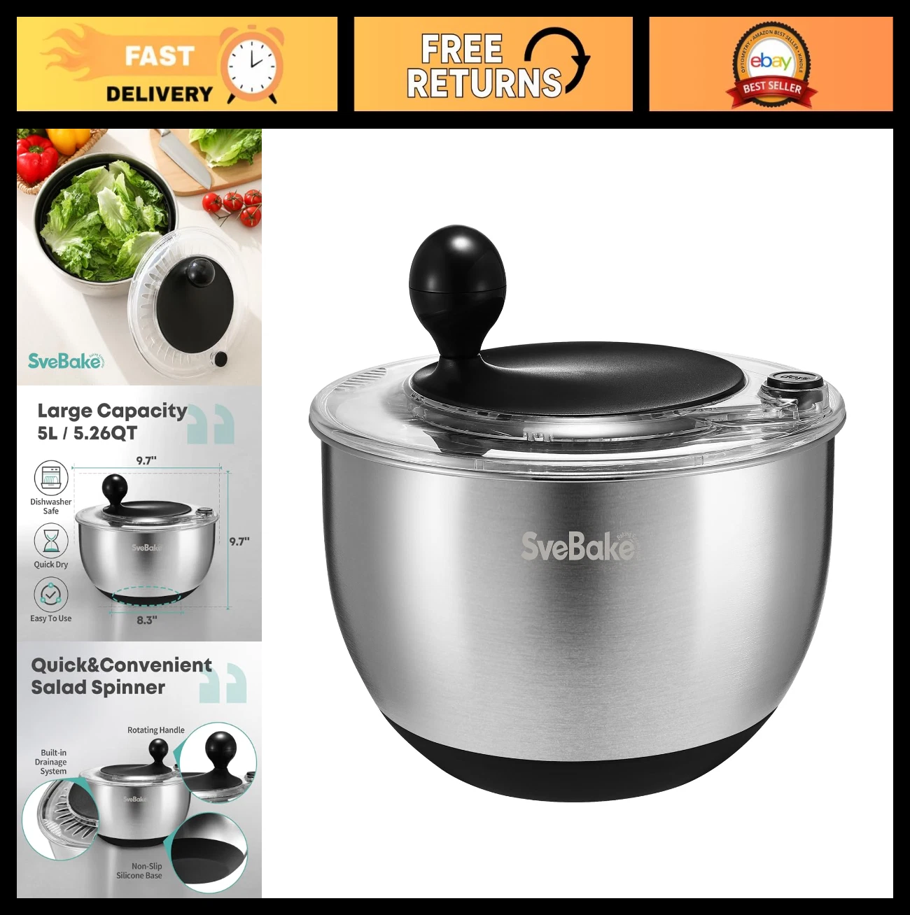 5.3Qt Stainless Steel Salad Spinner - BPA-Free, Non-Slip Base, Dishwasher Safe,
Opens in a new windo