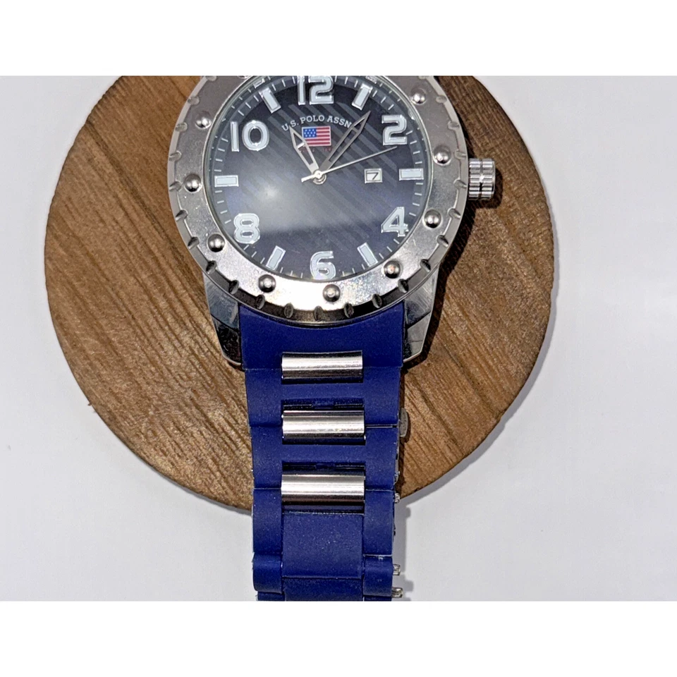 Mens U.S. Polo Assn. 50mm Blue Silver Watch Date Rotatable Bezel Silicone Strap - Image 3 of 4