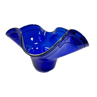 Art Glass, Matt McBride 2003, Hand Blow Free Form, Blue & Silver Fluted Bowl, 8''