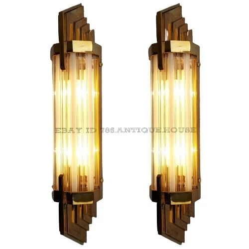 Pair Antique Vintage Art Deco Brass Milk Glass Rod Ship Light Wall Sconces Lamp