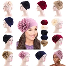 India Soft Women Hijab Muslim Solid Color Turban Bonnet Big Flower Head Wrap Cap