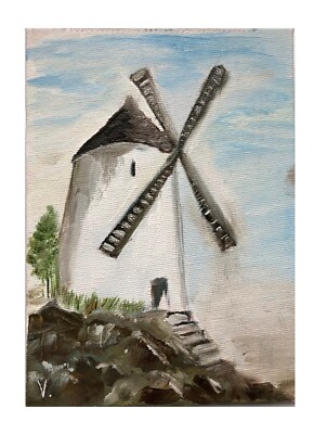 Alte Windmühle Original Ölgemälde Wandbild 5 x 8 cm