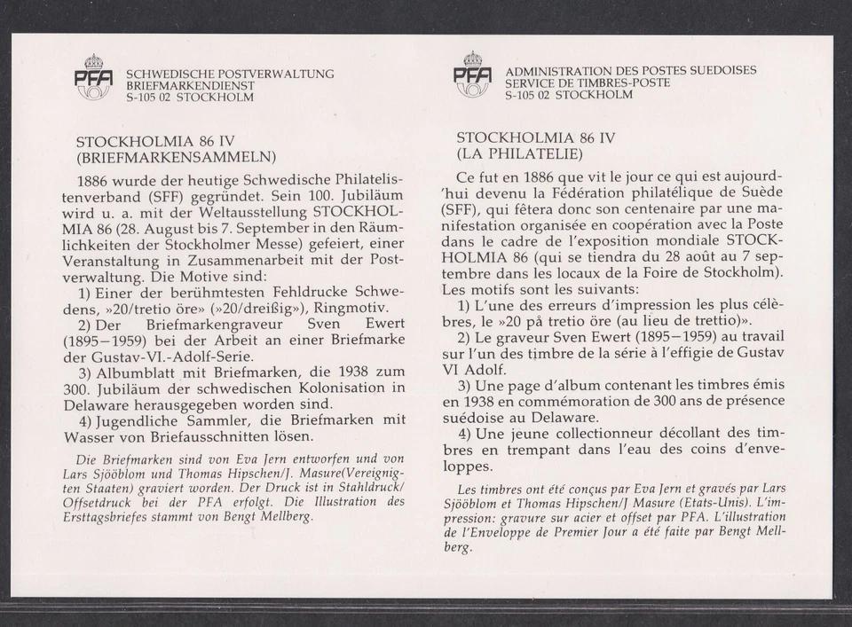 SUÉCIA 1986 CAPA PRIMEIRO DIA ESTOCOLMIA '86 SELO MUNDIAL EXPOSIÇÃO + CARTÃO + CACHET - Imagem 2 de 3