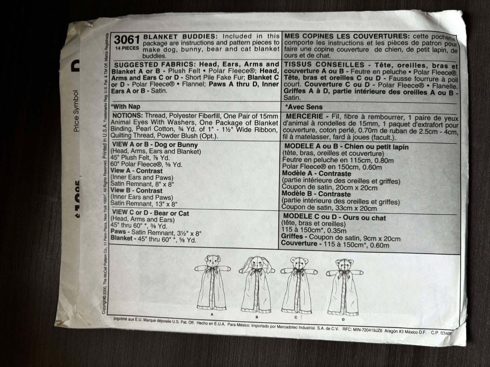 McCall's Sewing Pattern 3061 Baby Toddler BLANKET BUDDIES Cat Dog Bear Rabbit