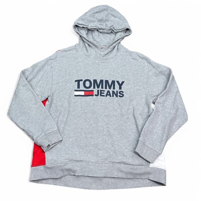 Tommy Hilfiger Jeans Hoodie Womens Size Medium Gray Red White Pullover Fleece