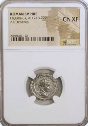 A-DS6 - Roman Empire of Elagabalus (AD 218-222) Denarius NGC (CH-XF) Silver Coin