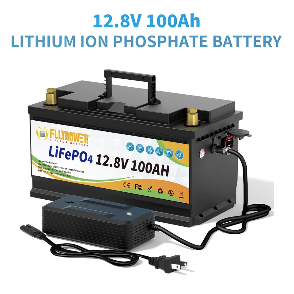 FLLYROWER Batería 100AH LiFePO4 12V Litio H190 100A BMS 1280Wh Batería Solar Autocaravana