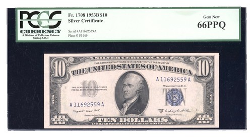 1953 $10 SILVER CERTIFICATE NOTE CURRENCY FR.1706 AA Block PCGS