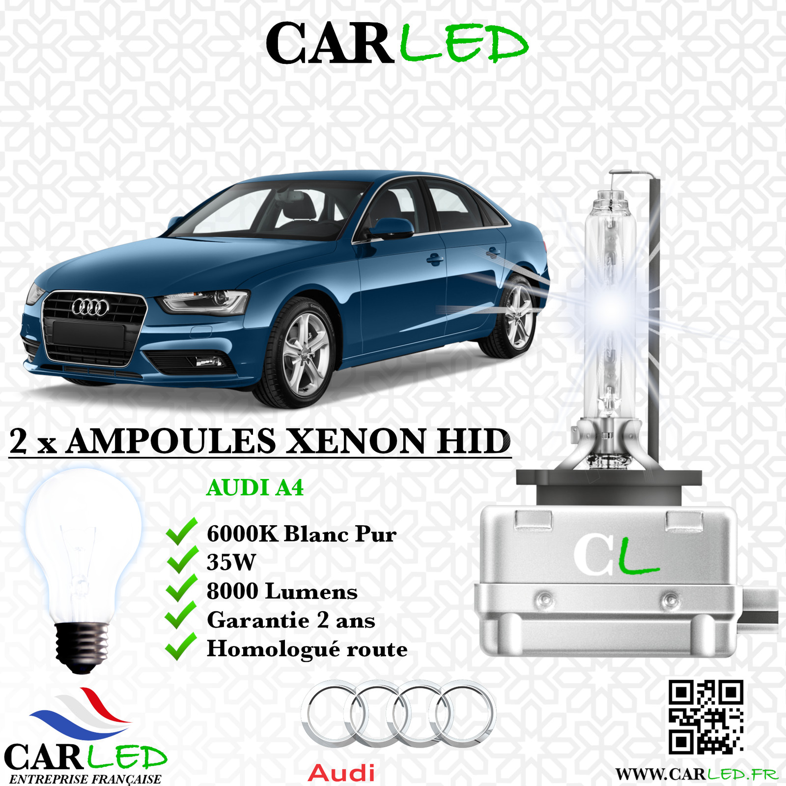 Kit HID xénon 35W 6000K premium CARLED 8000lm pour optiques Audi A4