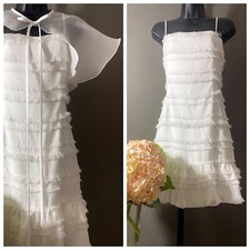 White Fringe Mini Dress & Collar, Retro Ruffled Rehearsal Bridal Outfit NWT