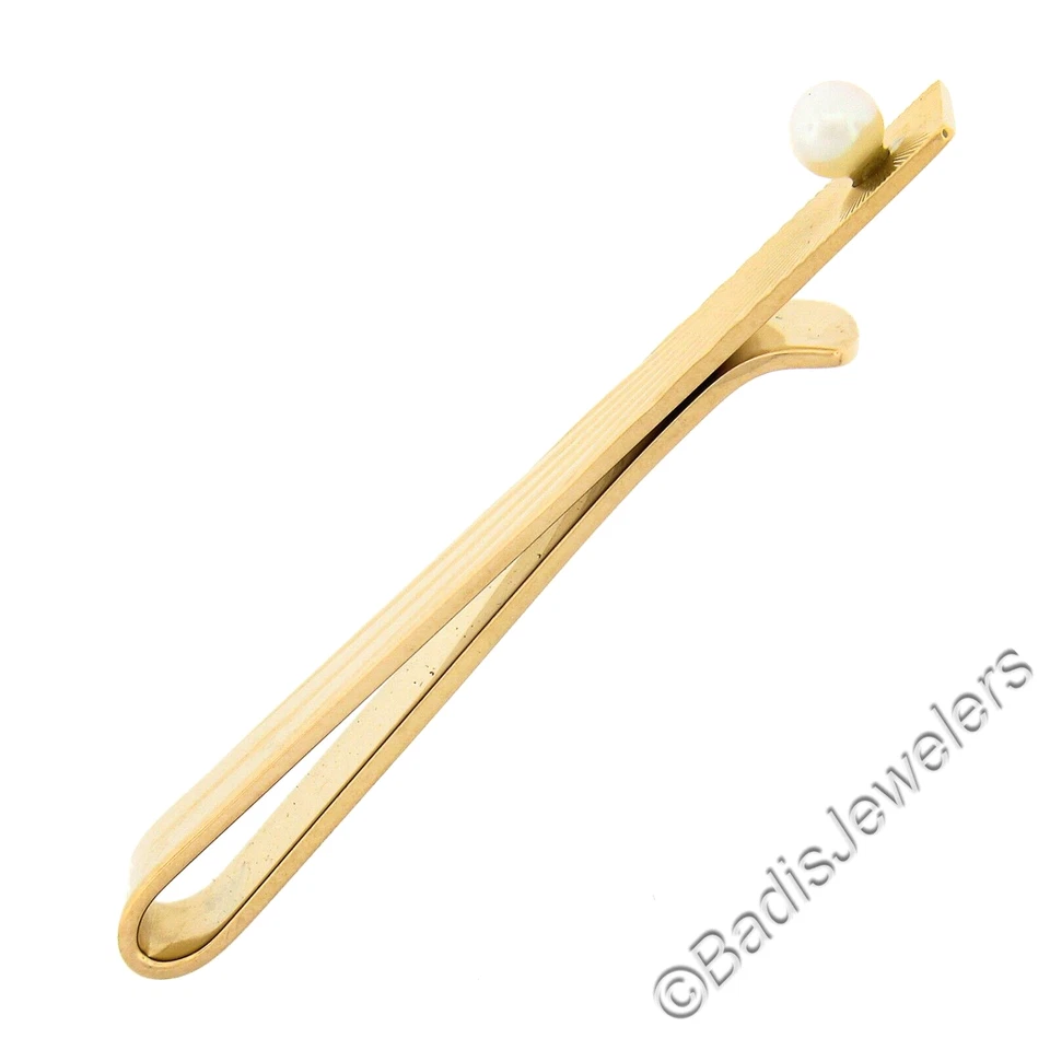 Clip de barra de corbata Estate de oro amarillo de 14 k con perlas cultivadas pulidas grabadas de 1,7" para hombre Foto 4 de 4