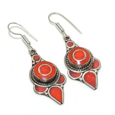 Red Coral Gemstone Earrings Tibetan Silver Handmade Nepali Jewelry 2.6" NE 5224