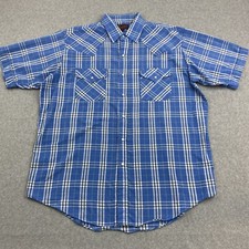 Plains Western Wear Shirt Mens Large Short Sleeve Pearl Snap Blue Plaid Pockets
