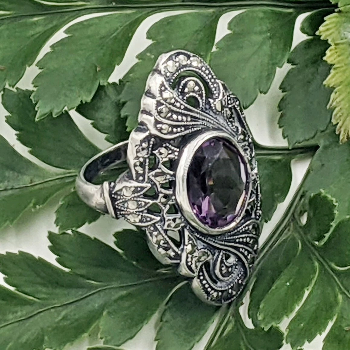 Sterling Silver Purple Diamond Three Stone Ring