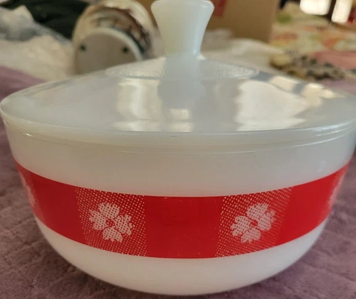 Vintge Federal Glass Red Gingham Pattern Glass Bowl with Lid