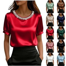 Blusa de satén para mujer manga corta cuello redondo cuello perlado verano 2026 Top