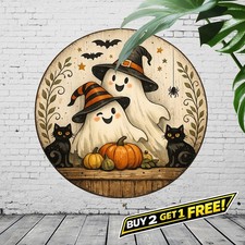 Halloween Witch Boo Cat Round Tin Sign Fall Winter Holiday Wall Decor 8x8
