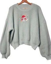 Chunky Knit Sweater Mushroom Embroidered Mushroom Crop Pistachio Boho