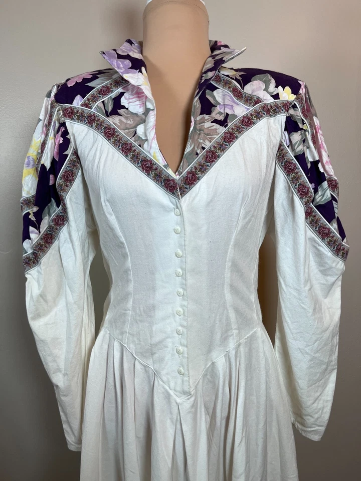 VTG Menu Cottagecore Prairie Dress Women's M White Coquet Floral Western Peasant - Image 3 of 4