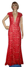 JOVANI Red Lace Beaded Gown Dress Size 6 Nude Lining Deep V-Neck Backless Dress