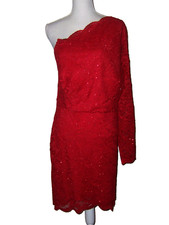 Jodi Kristopher Red One Shoulder Lace Dress Glitter  Size 18-19