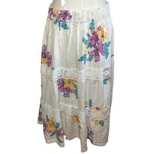 VTG 80s White Floral Broomstick Skirt M L Hawaiian Boho Cottage Fairy Retro