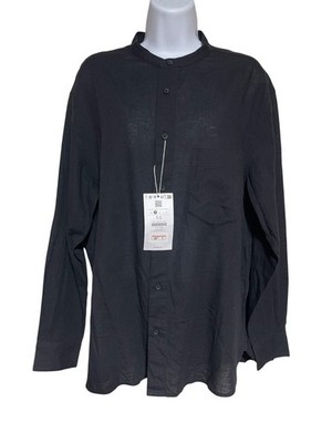 Bershka Black Mandarin Collar Long Sleeve Shirt Mens S Linen Blend Button Up