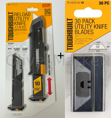 ToughBuilt TB-H4S2-03 Reload Utility Knife + TB-H4S30-80 30pc Blades