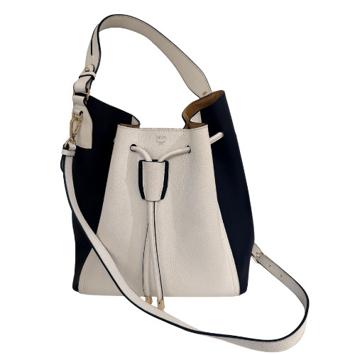 Authentic MCM leather bucket bag in navy and white colorblock