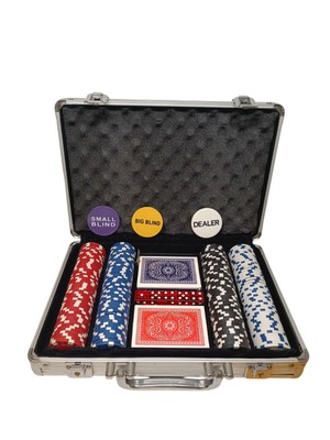 Pokerkoffer mit 200 Standard Poker Chips 5 Würfel Kartenset - Silber Neu 