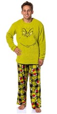 Dr. Seuss GRINCH Men's Santa Plaid Plush Fleece Adult Pajama Sleep Set XS 