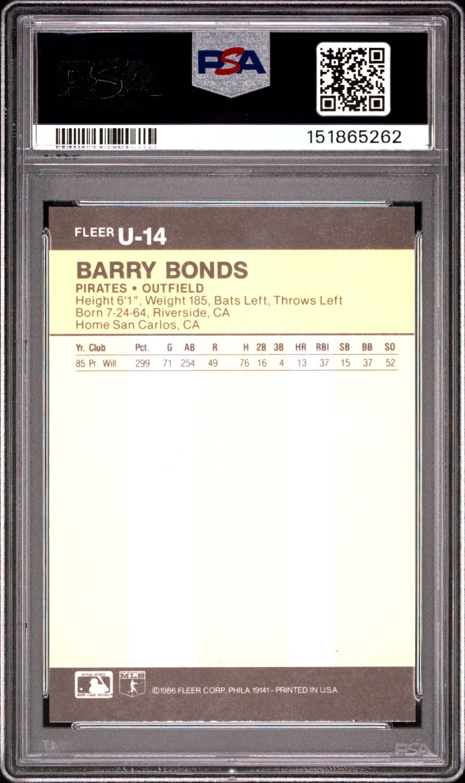 1986 Fleer Update Barry Bonds Rookie RC #U-14 PSA 8 NM-MT Giants HOF Pittsburgh view 2