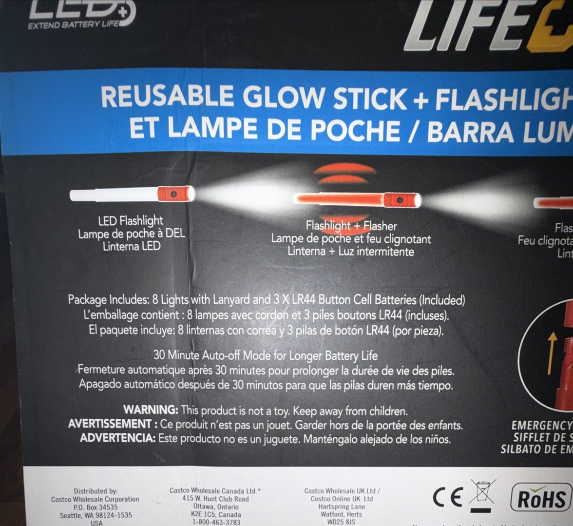 LIFE+GEAR 8pk Reusable LED Glow Stick & LED Flashlight Emergency Whistle Safety