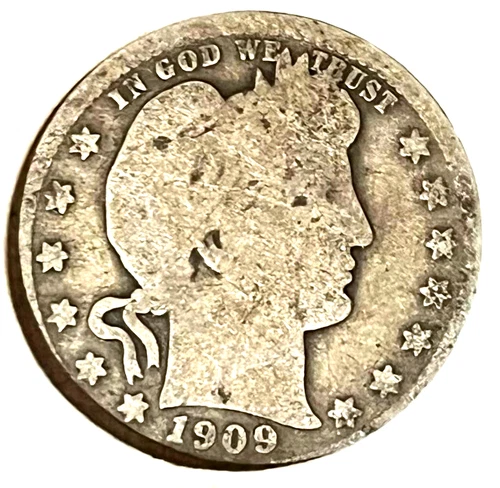 1909 Barber Quarter – 90% Silver – Circulated Early U.S. Coin – Nice Detail