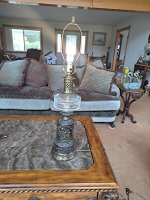 Paul Hanson Embossed Antique Bronze & Glass Ornate Couple, Floral Table Lamp