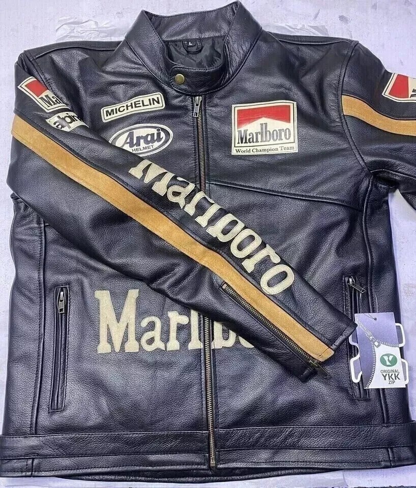 Marlbolo LEATHER JACKET 馬革 Men Black Marlboro Racing Leather Jacket Motorcycle Racing